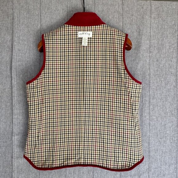 Orvis Quilted Deep Ruby Red Tan Corduroy Pocket Piping Zip Front Vest Size Large - Picture 8 of 11